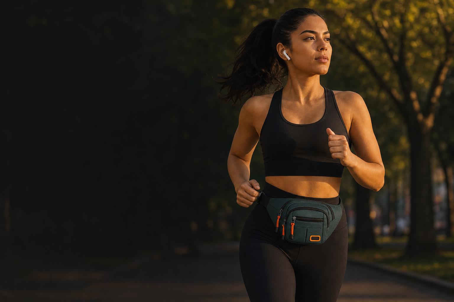Mujer corriendo con la cangurera en la cintura