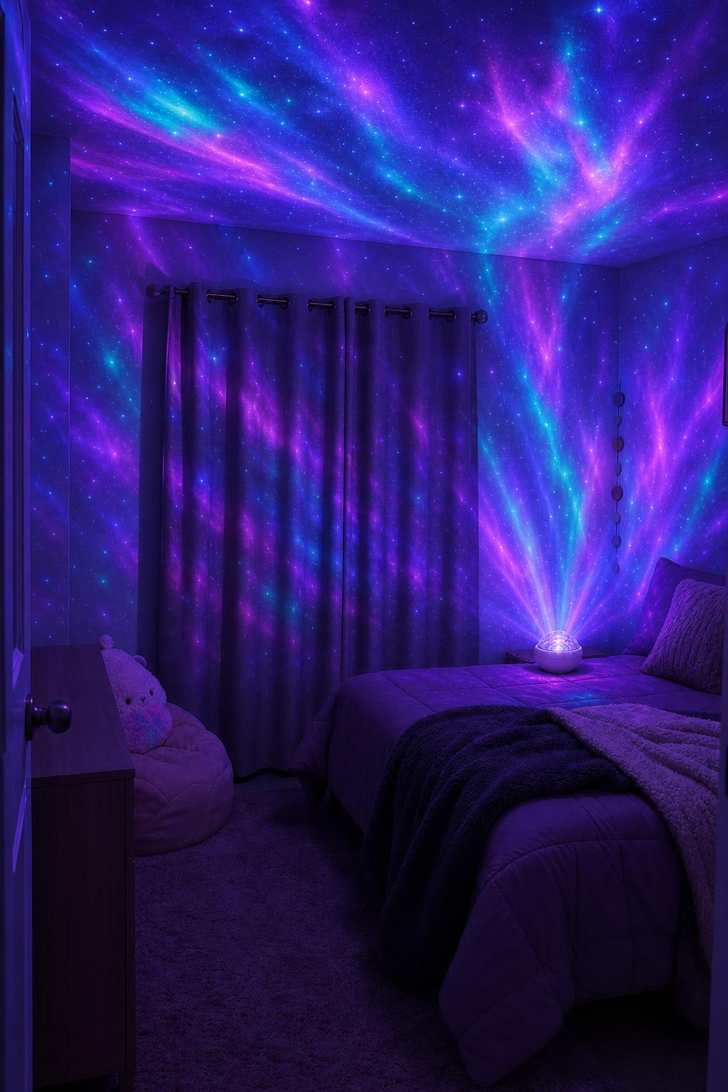 Cuarto con el proyector de galaxia encendido