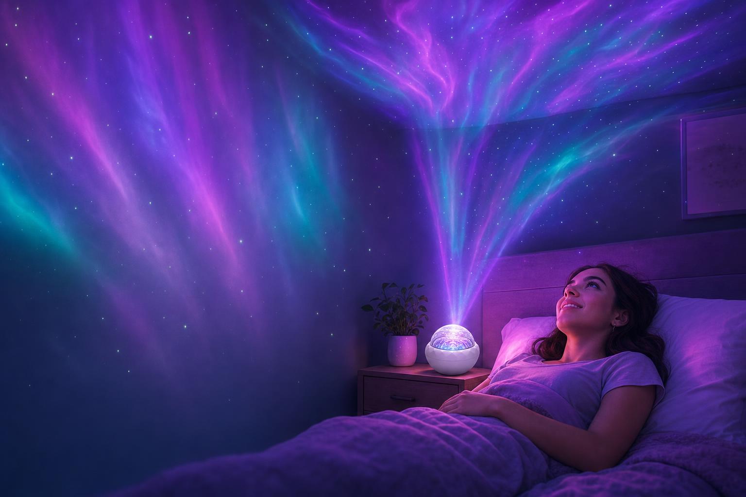 Chica en su cama mirando el techo lleno de aurora y estrellas