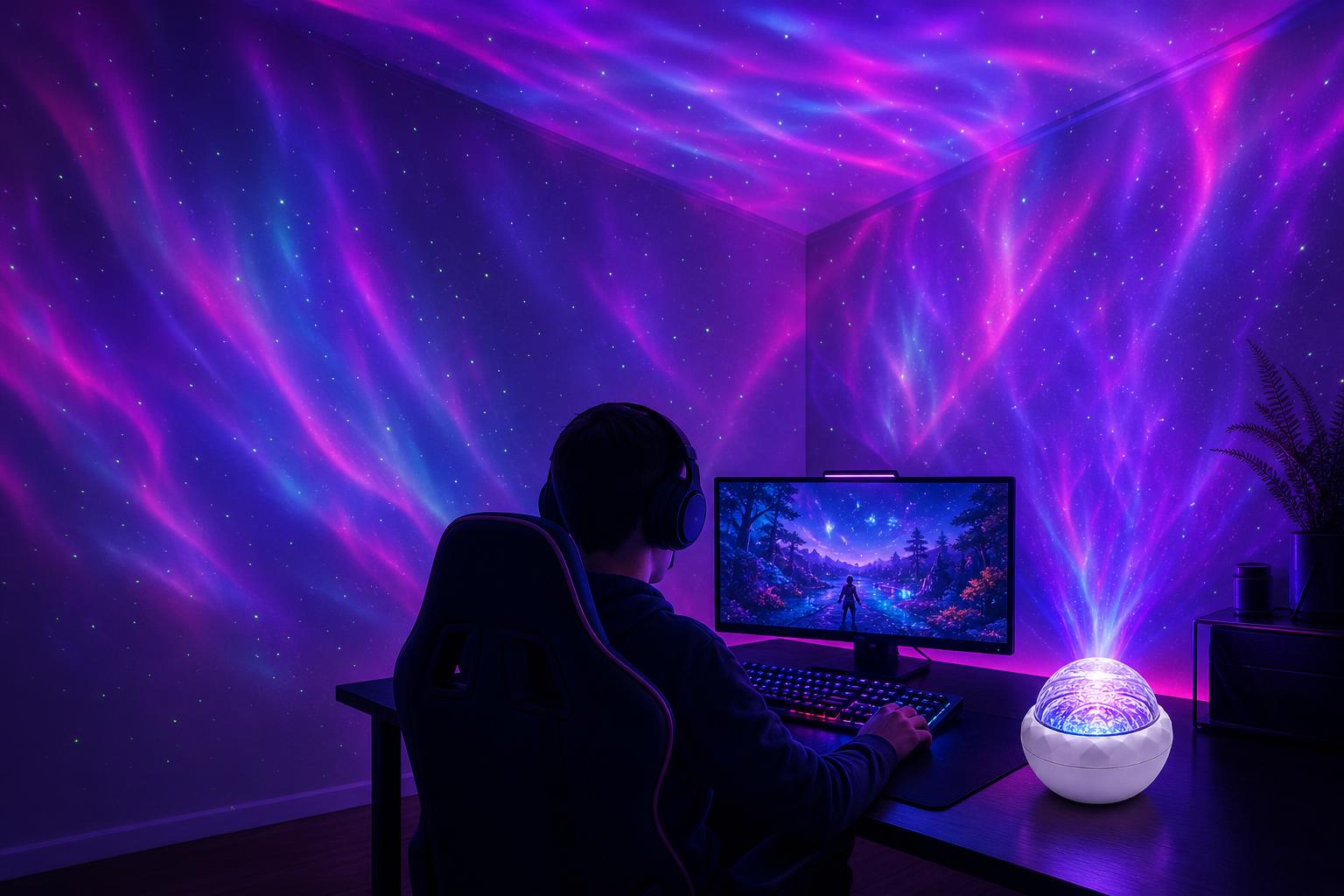 Setup gamer con luces de galaxia