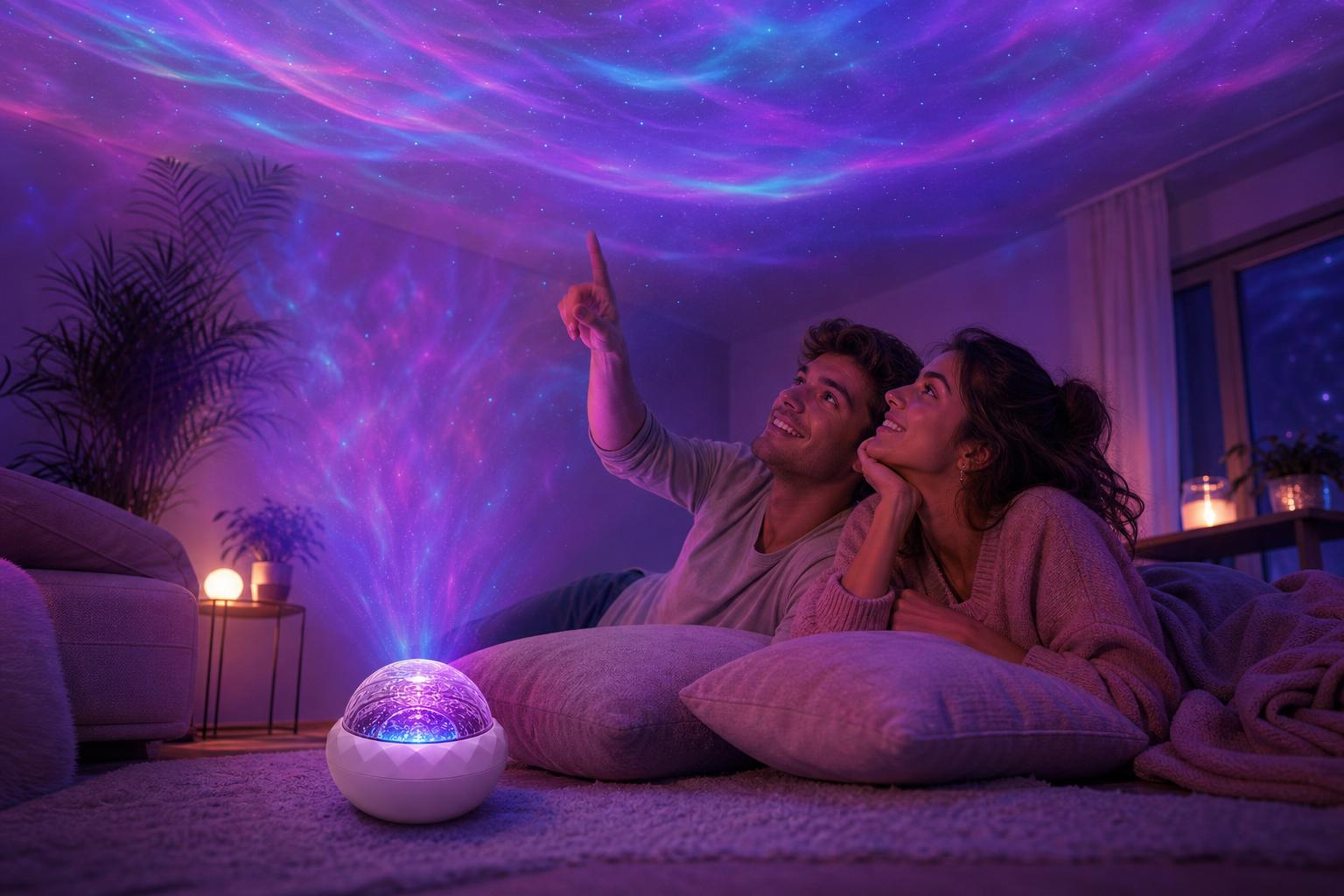 Pareja mirando las estrellas proyectadas en el techo